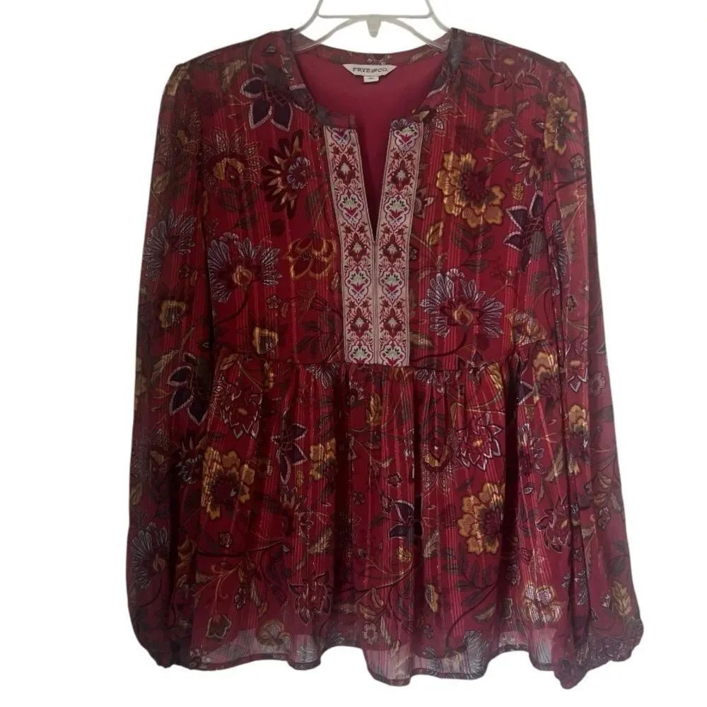 Frye and Co. Floral Multicolor Bossa Nova Bohemian Sheer Metallic Blouse Sz L